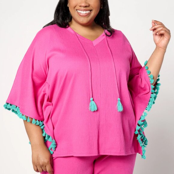 Belle by Kim Gravel Packabelle Take Me Away Tassel Trim Poncho  15520 - Picture 1 of 2